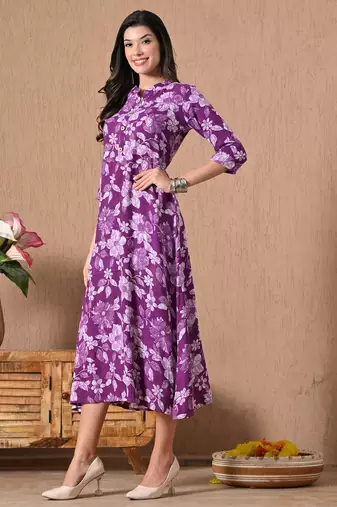 Maroon printed cotton a-line kurta for women
