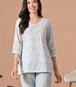 White embroidery cotton short kurta for women
