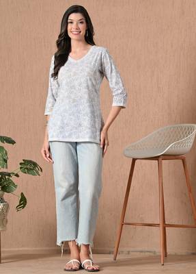 White embroidery cotton short kurta for women 2