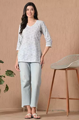 White embroidery cotton short kurta for women