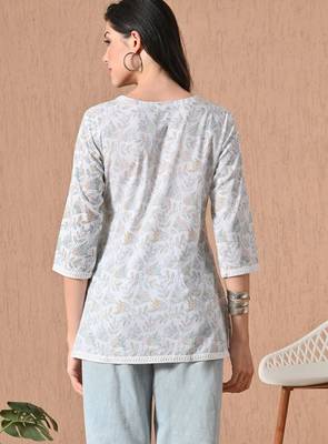 White embroidery cotton short kurta for women 3