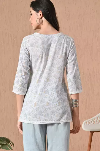 White embroidery cotton short kurta for women