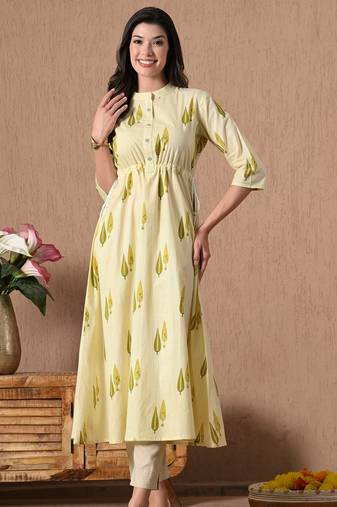 Green printed cotton a-line kurta for women