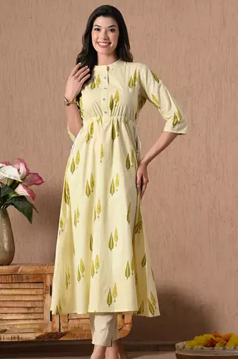 Green printed cotton a-line kurta for women