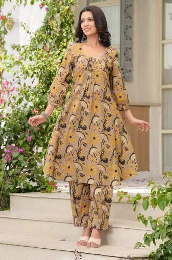 Co-ord set in fawn color hand block vanaspati print kurta with salwar in pure cotton set of 2