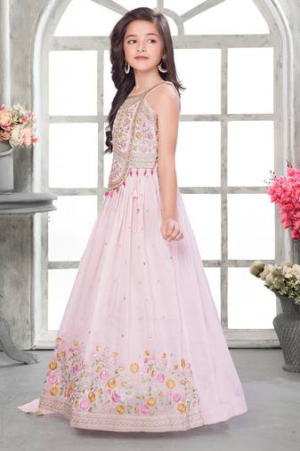 Peach shimmer tissue embriodered blouse and flared lehenga with dupatta