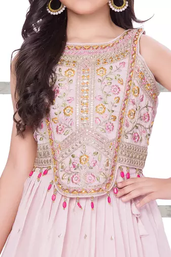 Peach shimmer tissue embroidered lehenga set