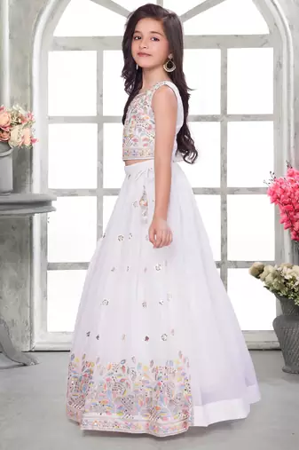 Offwhite shimmer geogette embriodered blouse and flared lehenga with dupatta