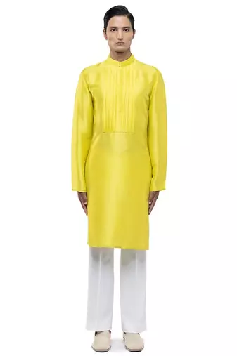 Yellow plain silk kurta set