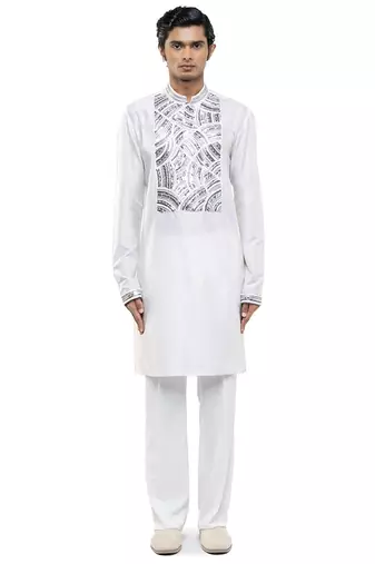 White printed silk kurta set