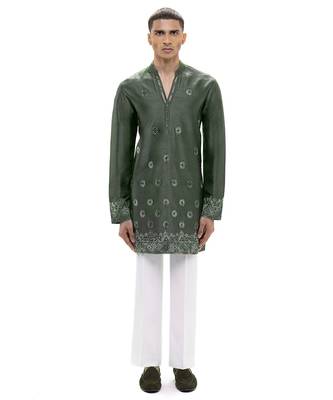 Green embroidered silk kurta set 2