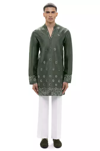 Green embroidered silk kurta set