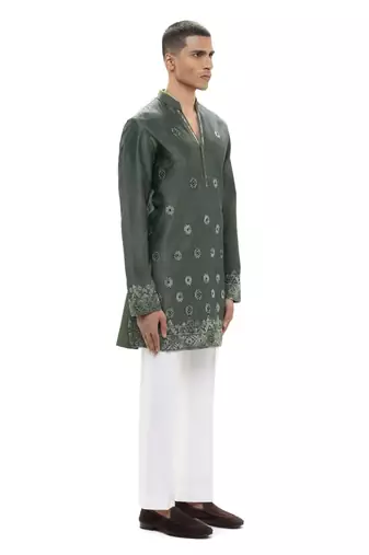 Green embroidered silk kurta set