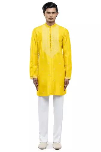 Yellow embroidered silk kurta set