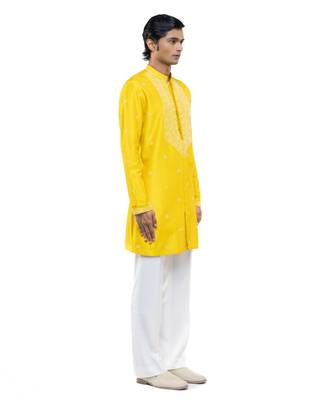 Yellow embroidered silk kurta set 3