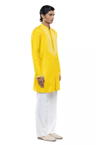 Yellow embroidered silk kurta set