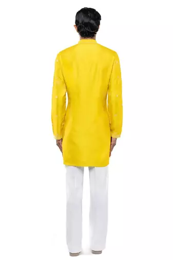 Yellow embroidered silk kurta set