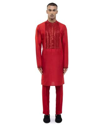 Red embroidered silk kurta set 2