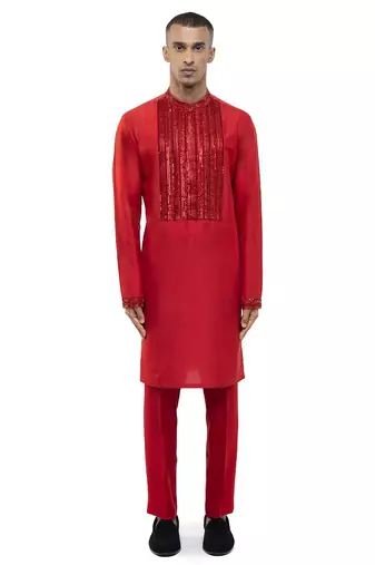 Red embroidered silk kurta set