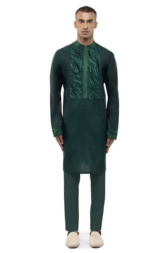 Green embroidered silk kurta set