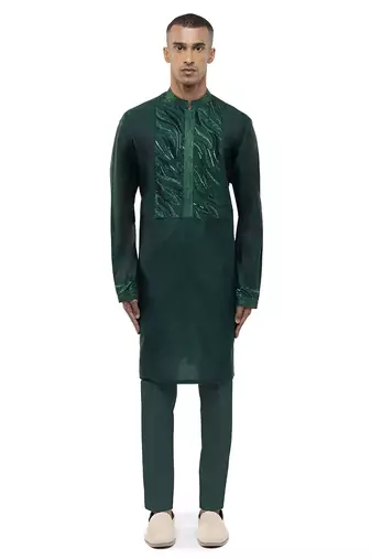 Green embroidered silk kurta set