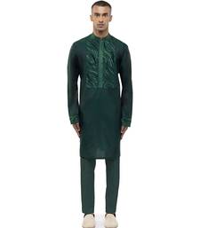 Green embroidered silk kurta set