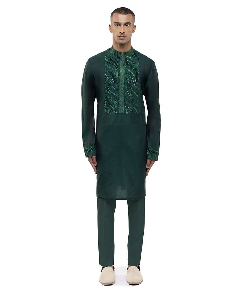 Green embroidered silk kurta set