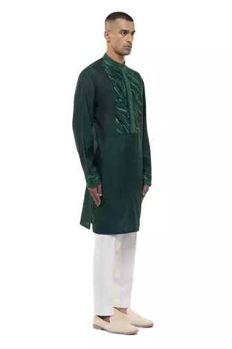 Green embroidered silk kurta set