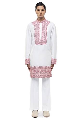 White embroidered silk kurta set