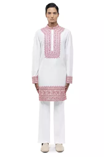 White embroidered silk kurta set