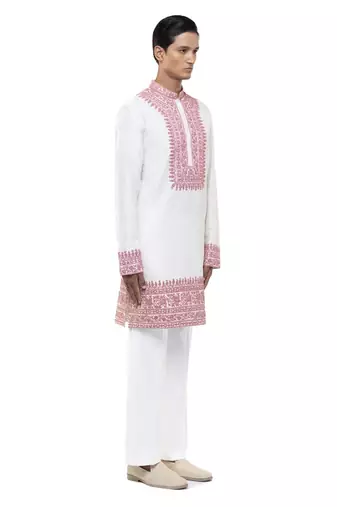 White embroidered silk kurta set