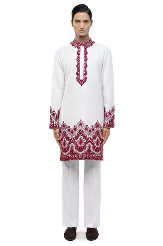 White embroidered silk kurta set