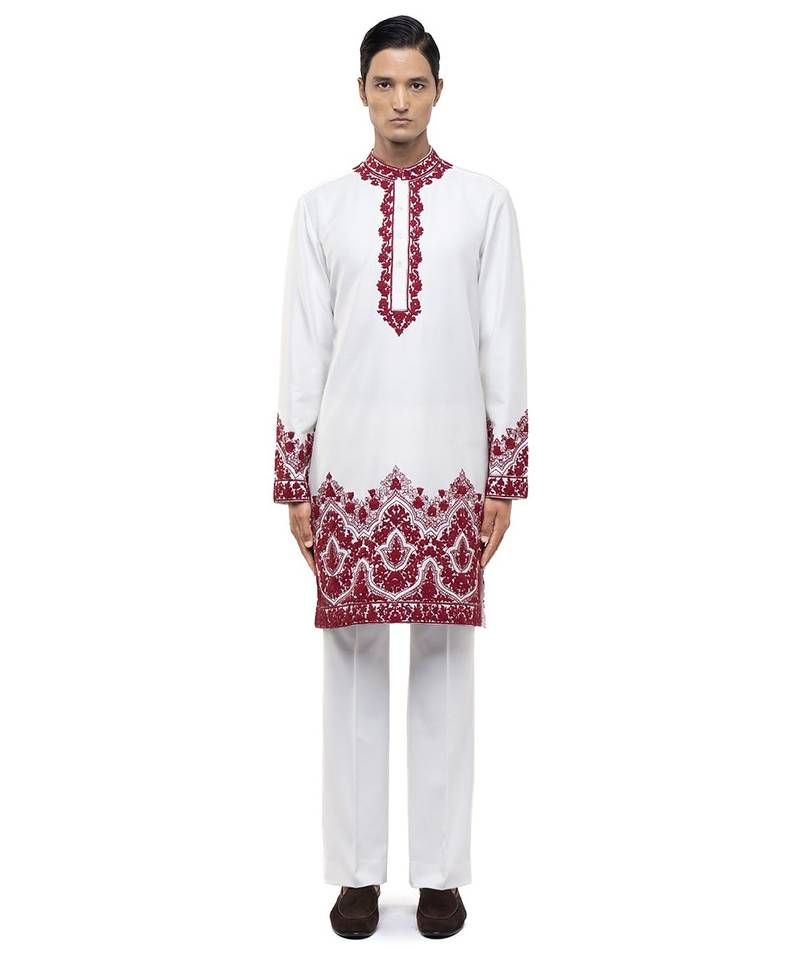 White embroidered silk kurta set