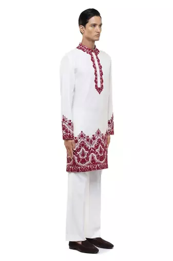 White embroidered silk kurta set