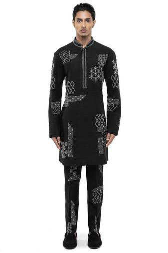 Black embroidered linen kurta set
