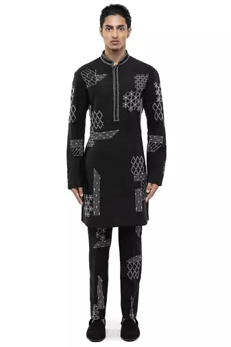 Black embroidered linen kurta set