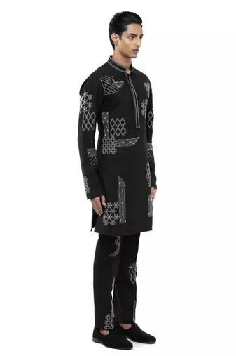 Black embroidered linen kurta set