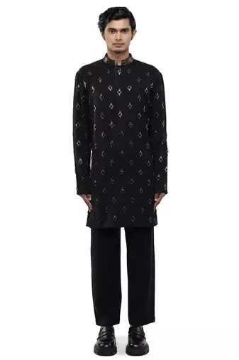 Black embroidered cotton kurta set