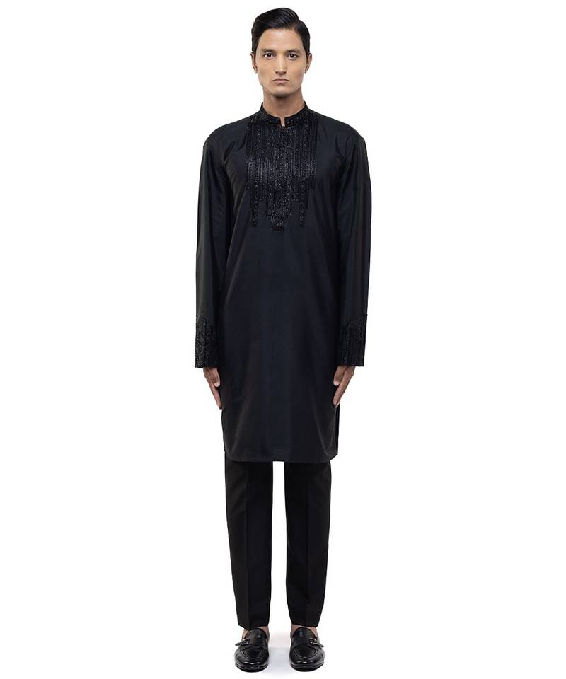 Black embroidered silk kurta set