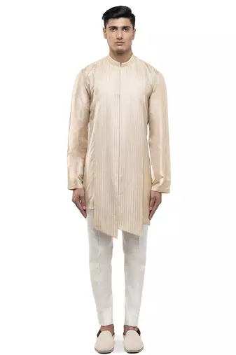 Beige plain linen kurta set