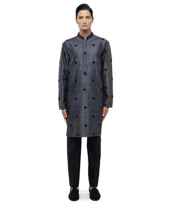 Grey embroidered silk kurta set 1