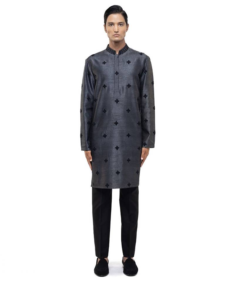 Grey embroidered silk kurta set