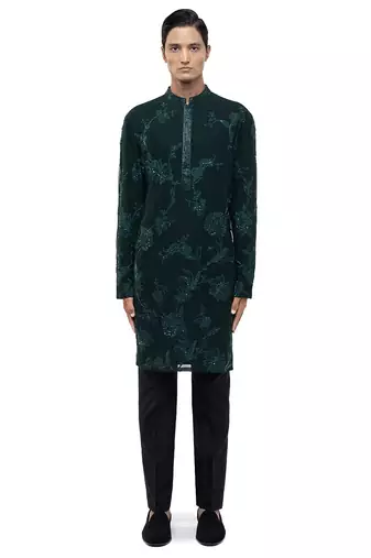 Green embroidered georgette kurta set