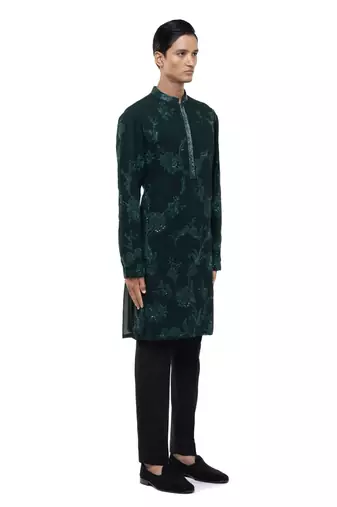 Green embroidered georgette kurta set