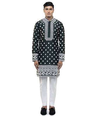 Green embroidered silk kurta set 2