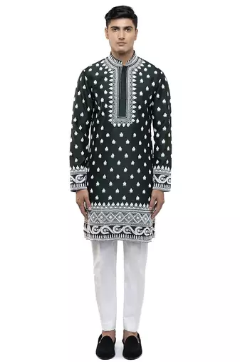 Green embroidered silk kurta set