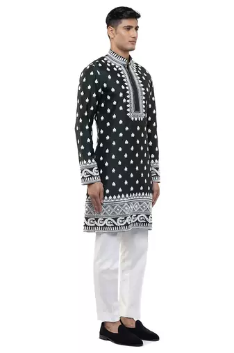 Green embroidered silk kurta set