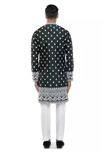 Green embroidered silk kurta set