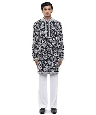 Black embroidered silk kurta set 1