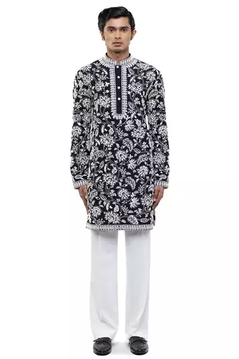 Black embroidered silk kurta set